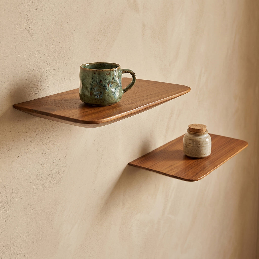 Schwebende Wandregale aus Teak Natur mit abgeschrägten Kanten – 2er-Set