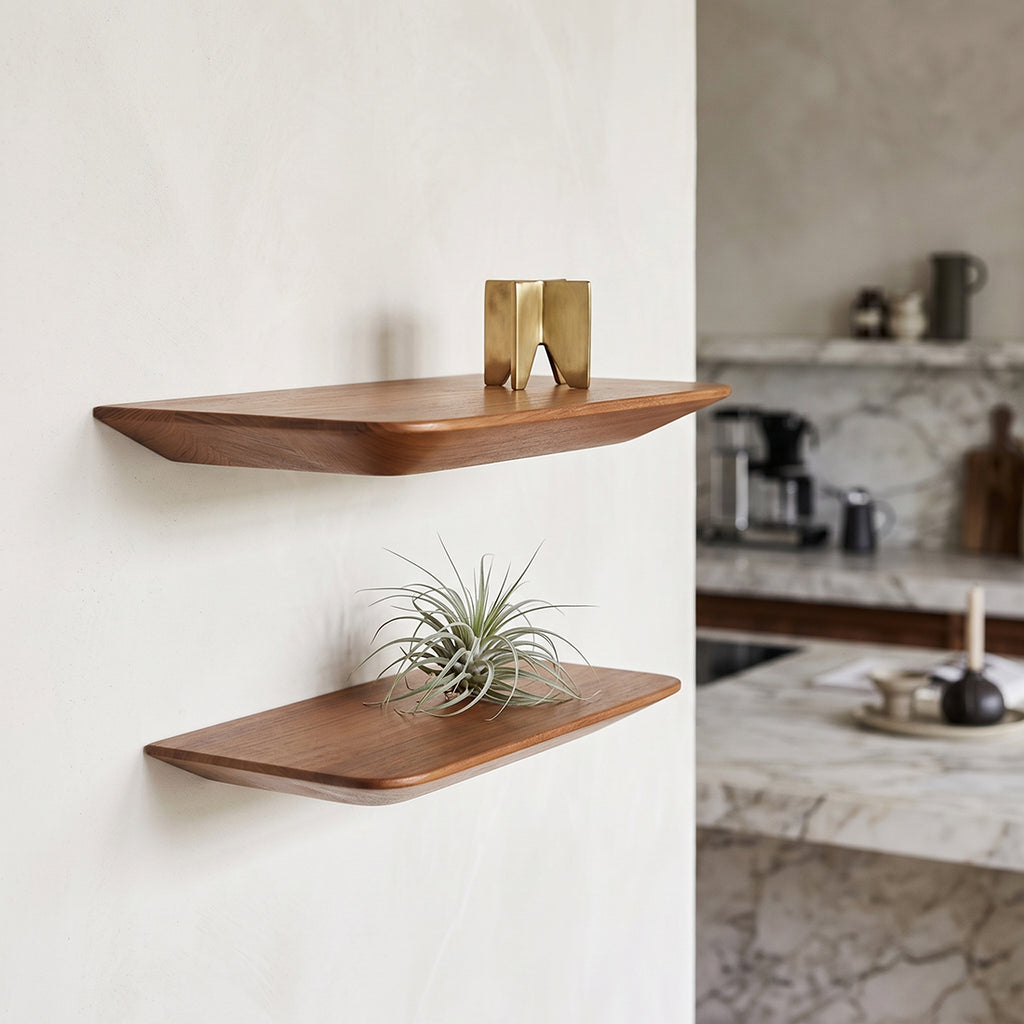 Schwebende Wandregale aus Teak Natur mit abgeschrägten Kanten – 2er-Set
