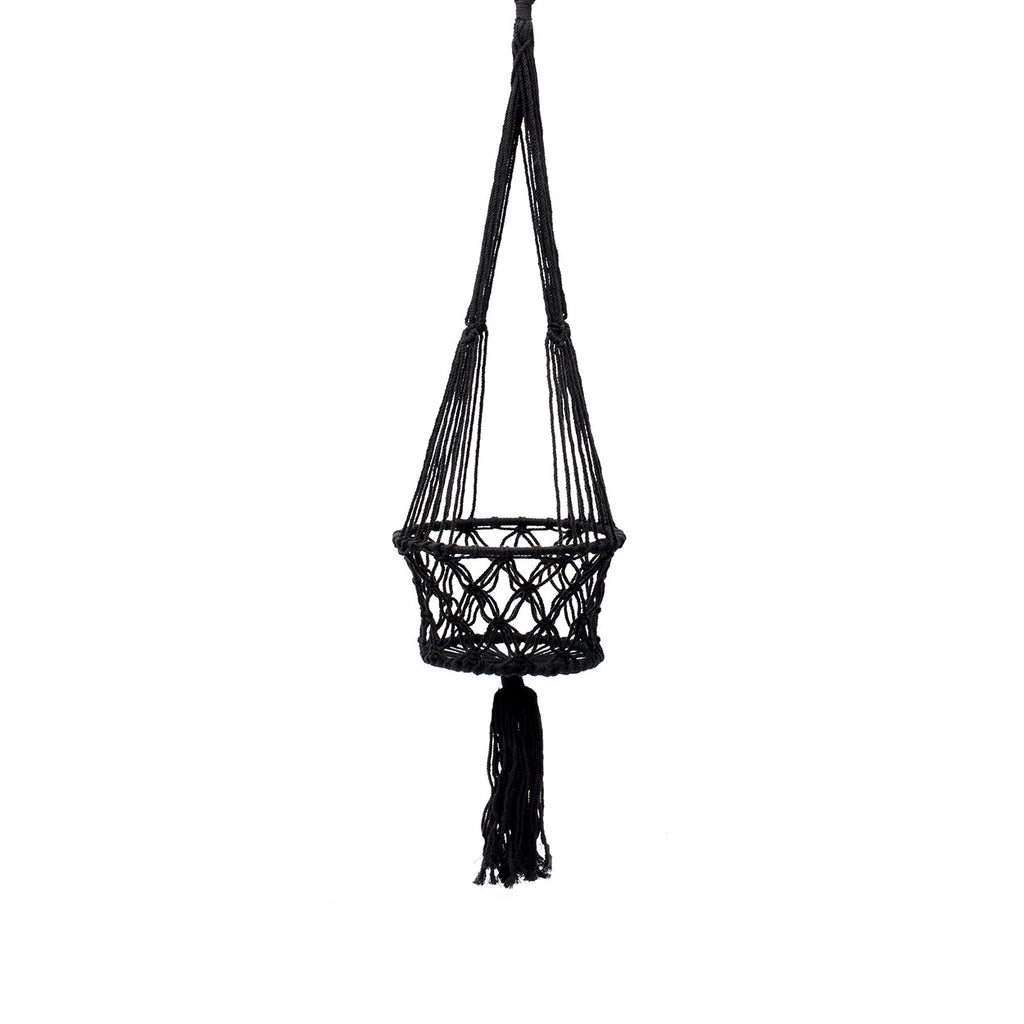 Blumenampel aus Makramee-Baumwolle in Schwarz mit Fransen – H110 cm
