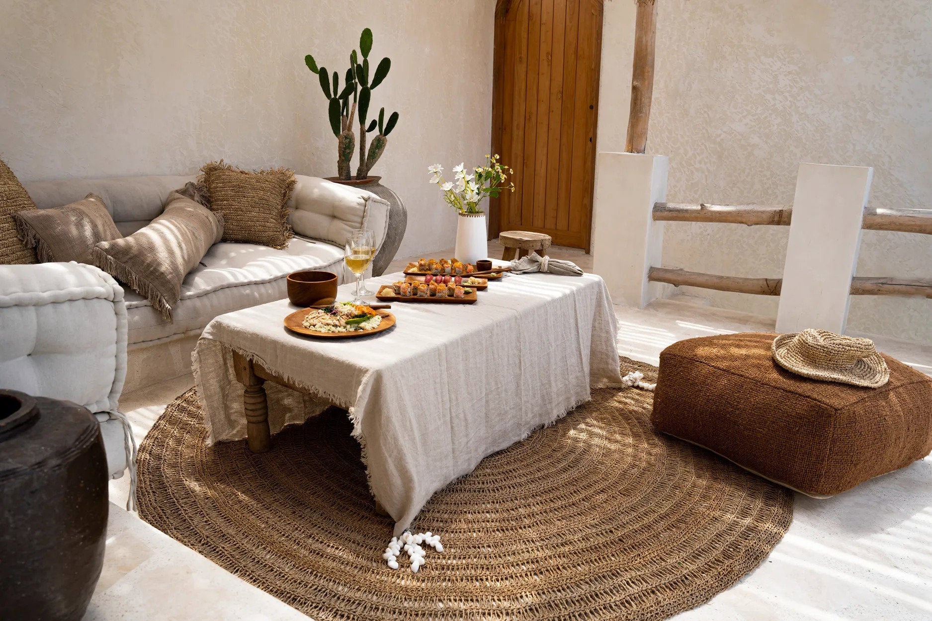 Runder Seegrasteppich Natur 150 cm im Boho-Stil