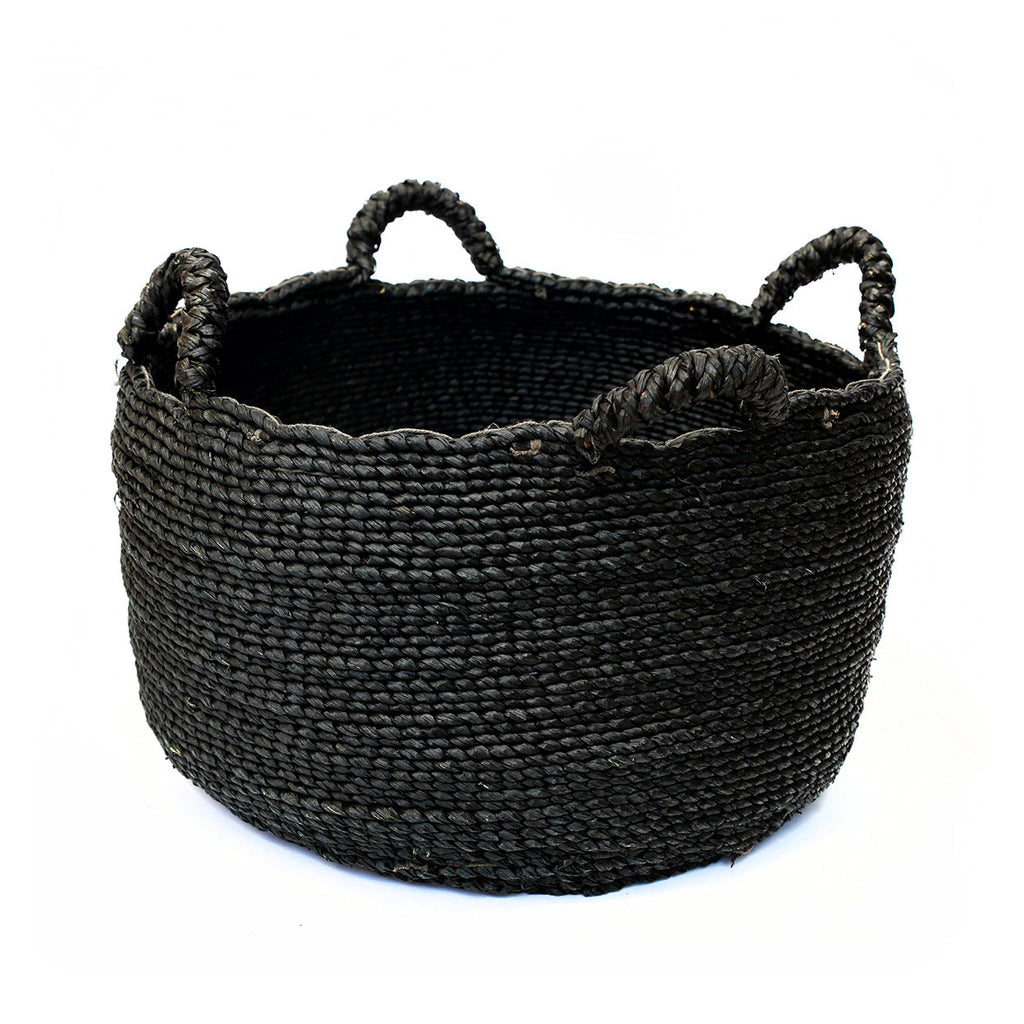 Runder Aufbewahrungskorb aus Rattan in Schwarz mit Griffen – Ø60 cm