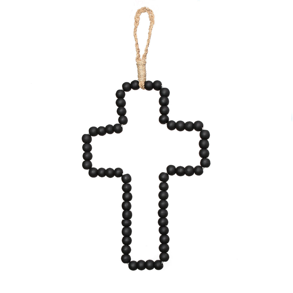 Deko-Wandkreuz aus schwarzen Holzperlen mit Jutekordel