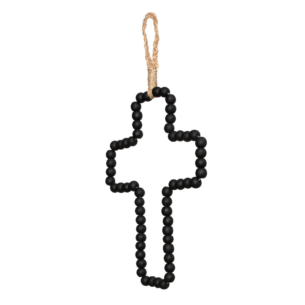 Deko-Wandkreuz aus schwarzen Holzperlen mit Jutekordel