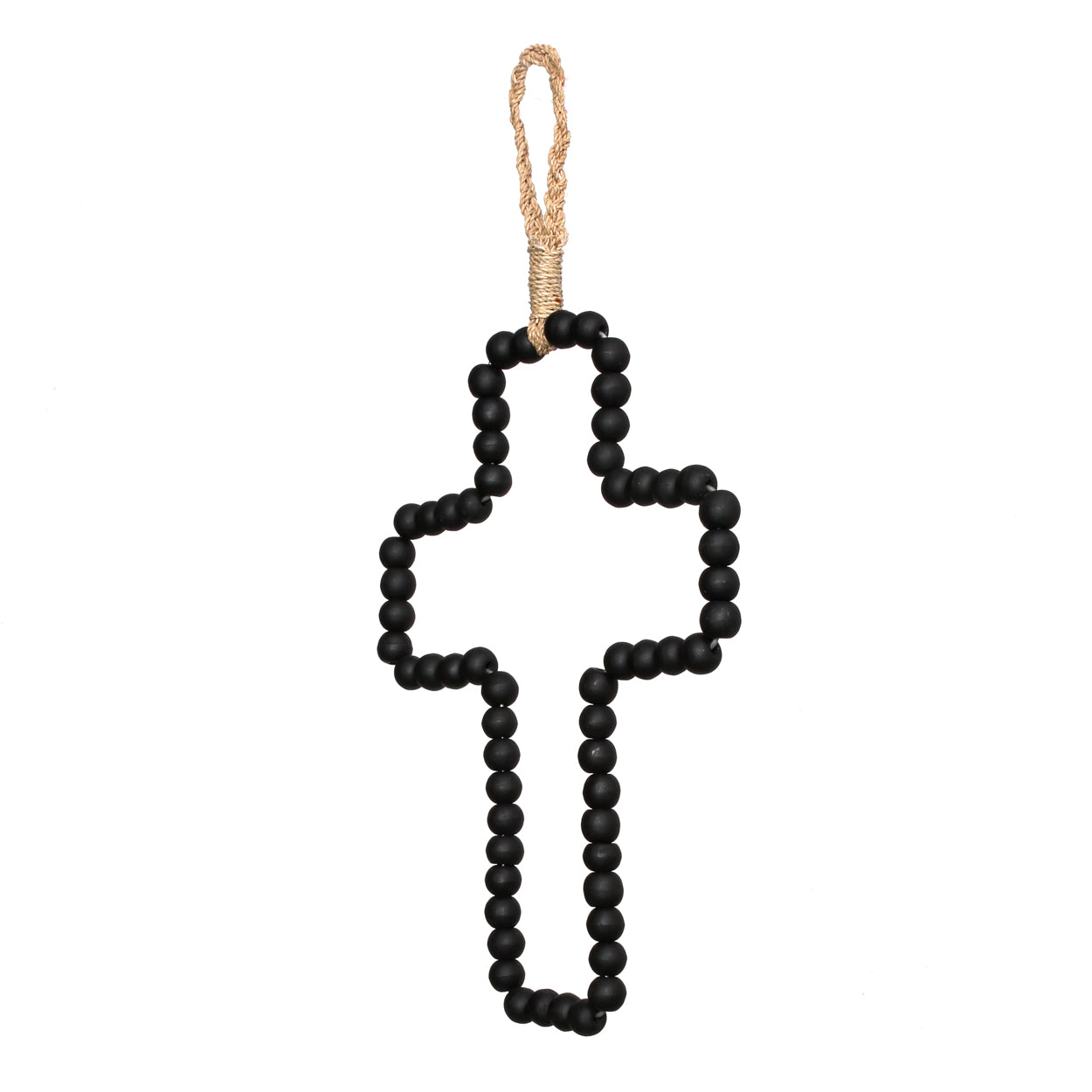 Deko-Wandkreuz aus schwarzen Holzperlen mit Jutekordel