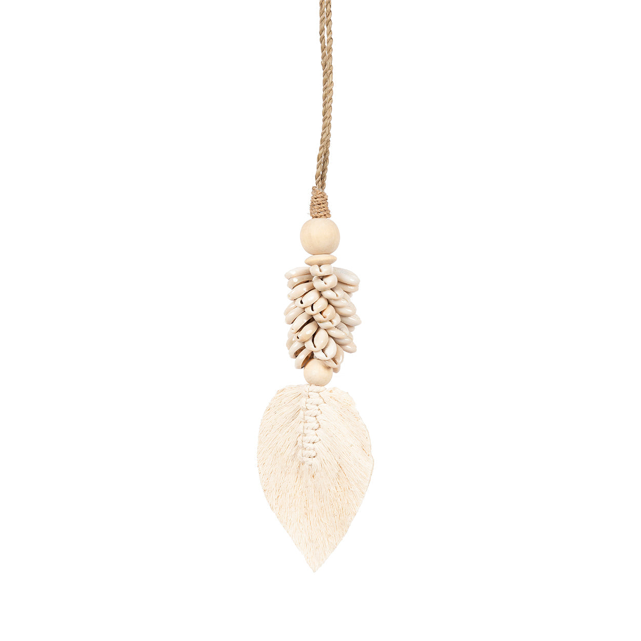 Deko-Quaste aus Naturfasern mit Kaurimuscheln in Ecru – 35x5 cm