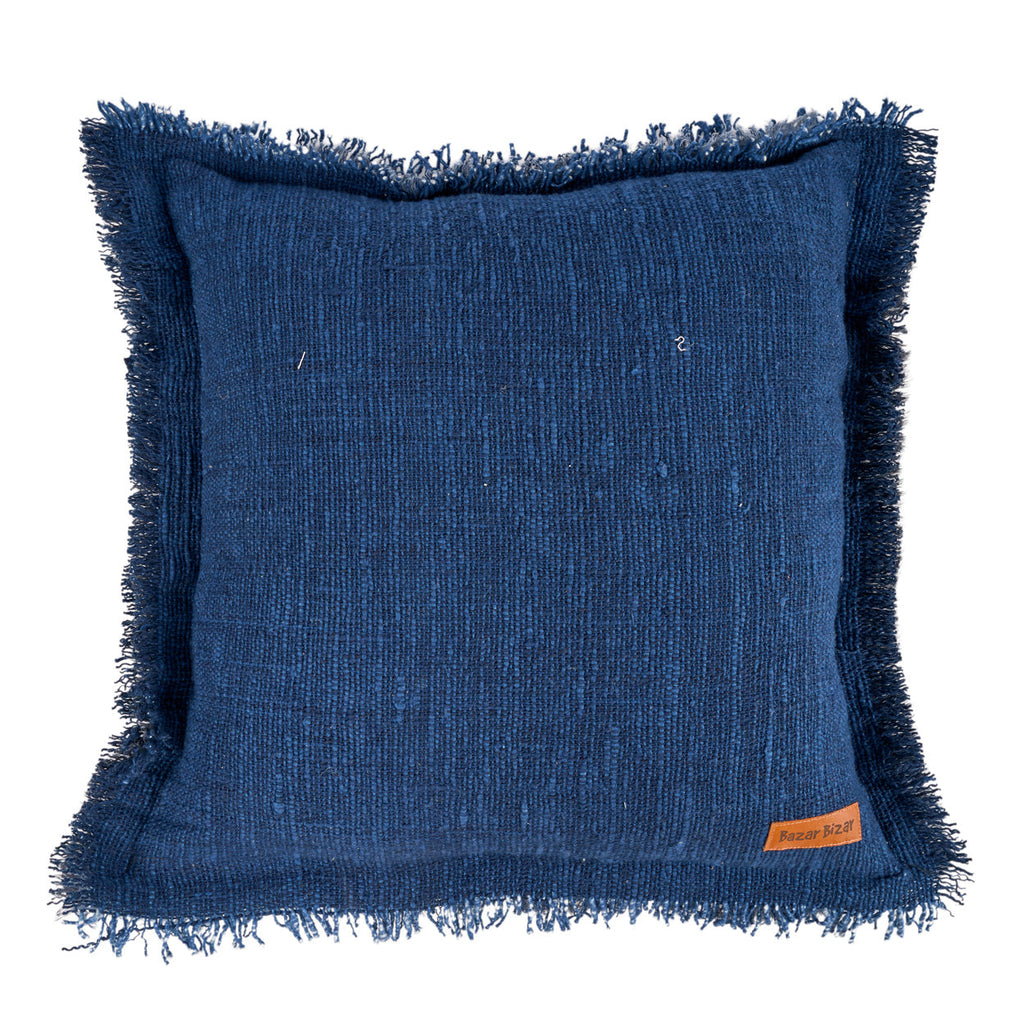 Kissenbezug in Blau mit Fransen aus Baumwoll-Leinen-Mischung – 50x50 cm