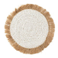 Rundes Platzset aus Raffia und Wasserhyazinthe in Cremeweiß mit Fransen