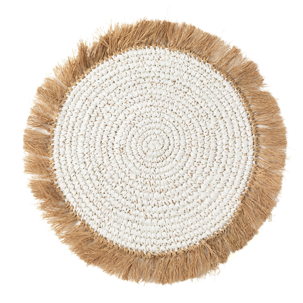 Rundes Platzset aus Raffia und Wasserhyazinthe in Cremeweiß mit Fransen