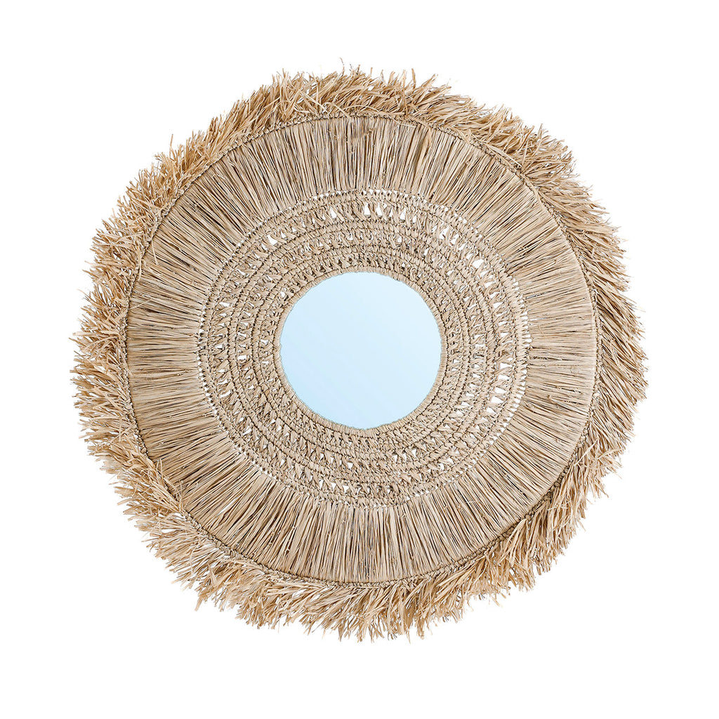 Runder Raffia-Spiegel Natur 70 cm mit handwerklich gefertigten Fransen