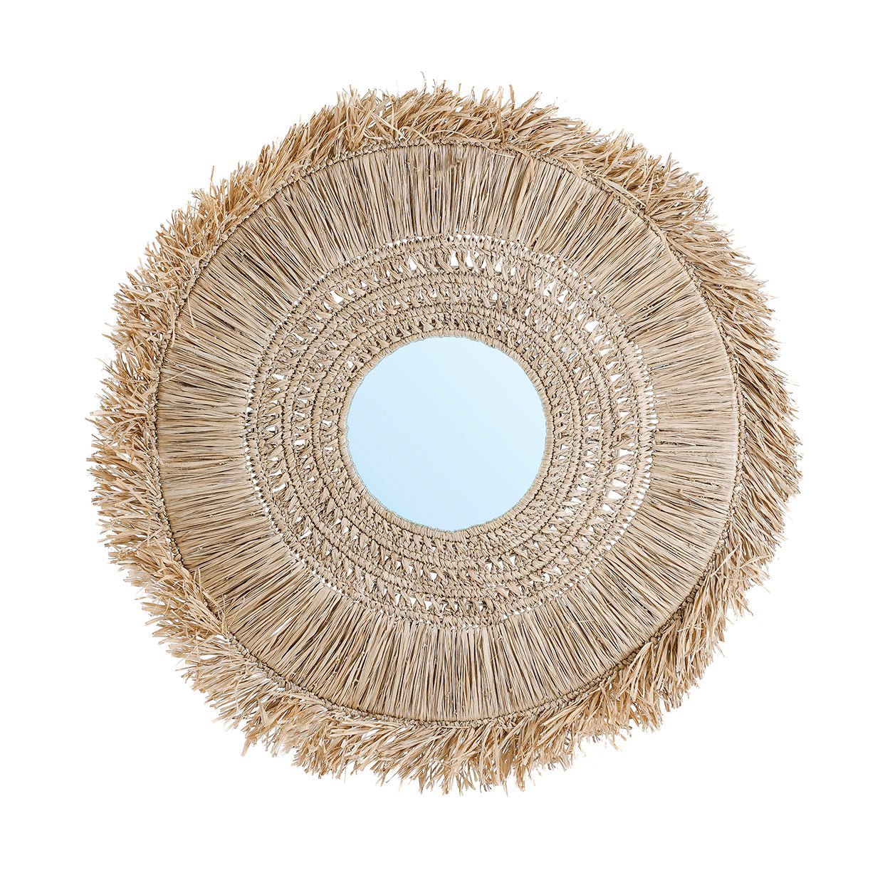 Runder Raffia-Spiegel Natur 70 cm mit handwerklich gefertigten Fransen