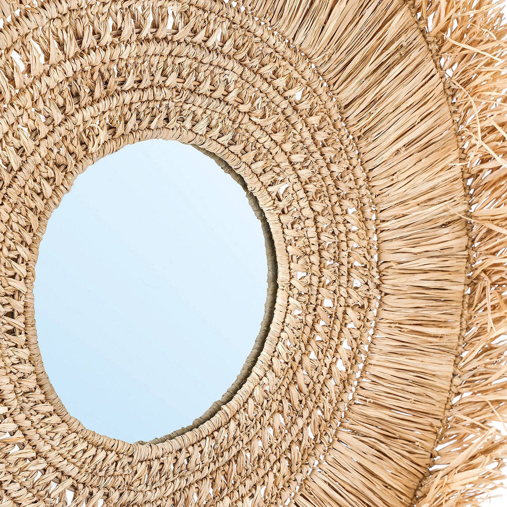 Runder Raffia-Spiegel Natur 70 cm mit handwerklich gefertigten Fransen