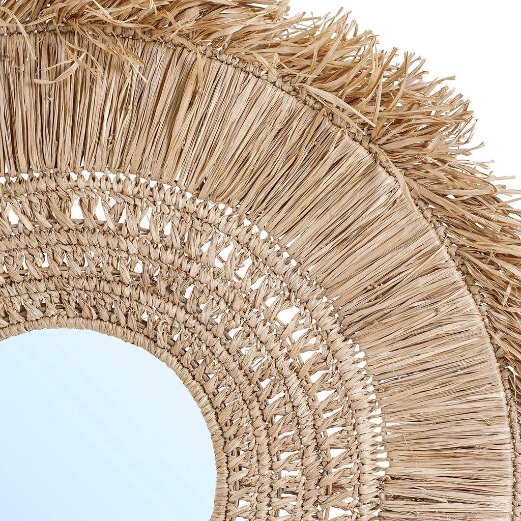 Runder Raffia-Spiegel Natur 70 cm mit handwerklich gefertigten Fransen