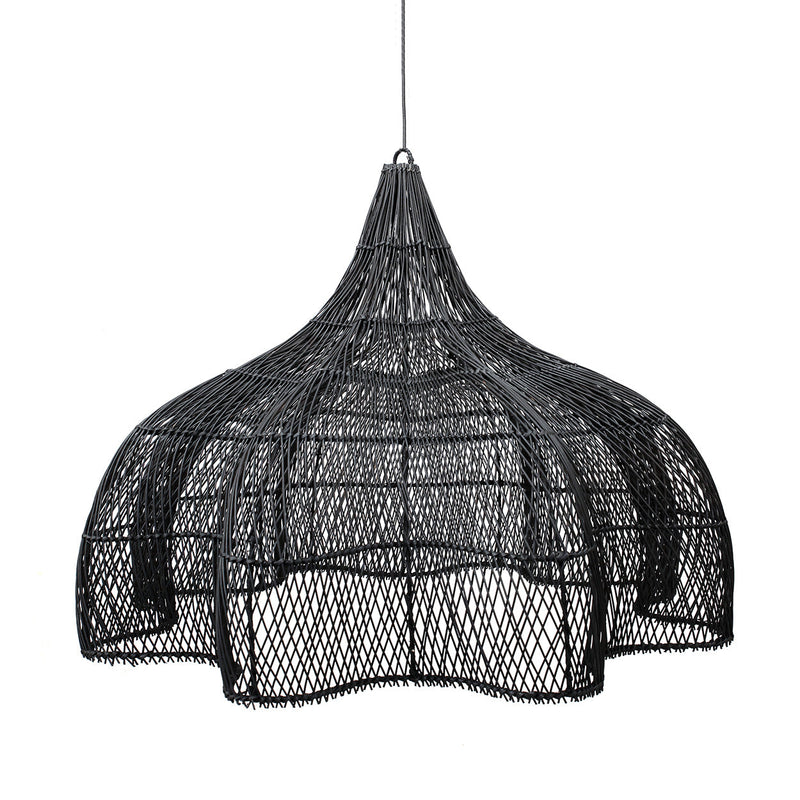 Hängeleuchte aus Rattan in Schwarz durchbrochen Blütenform XL – Ø110 cm