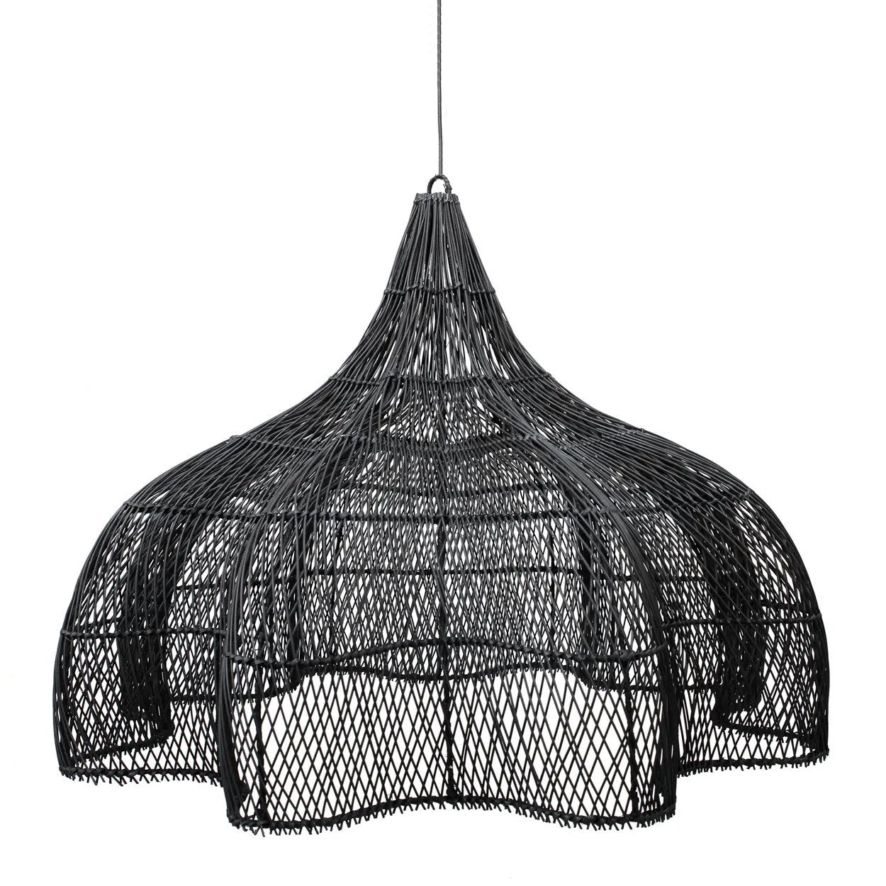 Hängeleuchte aus Rattan in Schwarz durchbrochen Blütenform XL – Ø110 cm