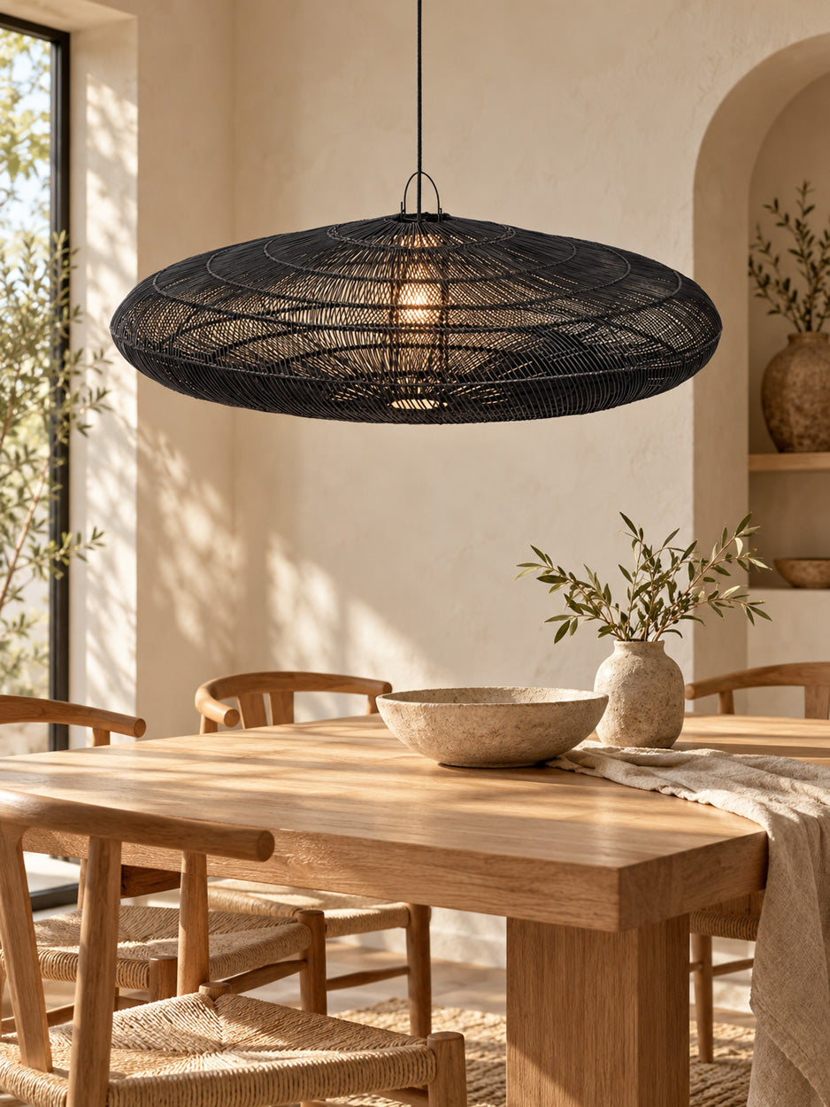 Scheibenförmige Hängeleuchte aus Rattan in Schwarz XL – Ø150 cm