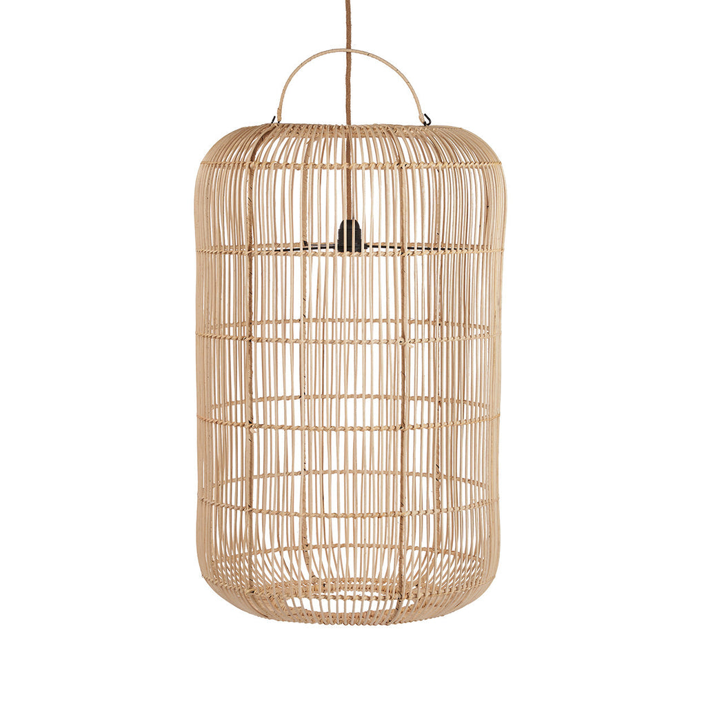 Zylindrische Hängeleuchte aus geflochtenem Rattan in Beige mit Henkel – Ø50 cm
