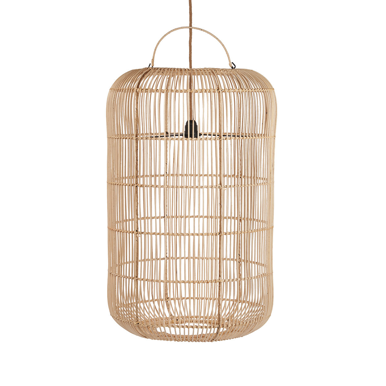 Zylindrische Hängeleuchte aus geflochtenem Rattan in Beige mit Henkel – Ø50 cm
