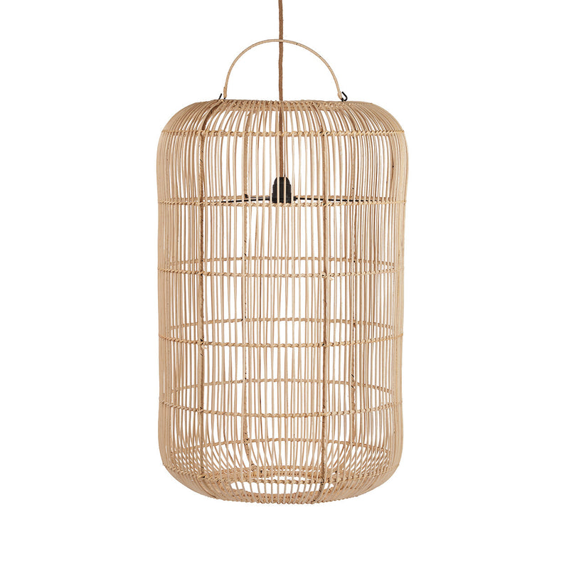Zylindrische Hängeleuchte aus geflochtenem Rattan in Beige mit Henkel – Ø50 cm