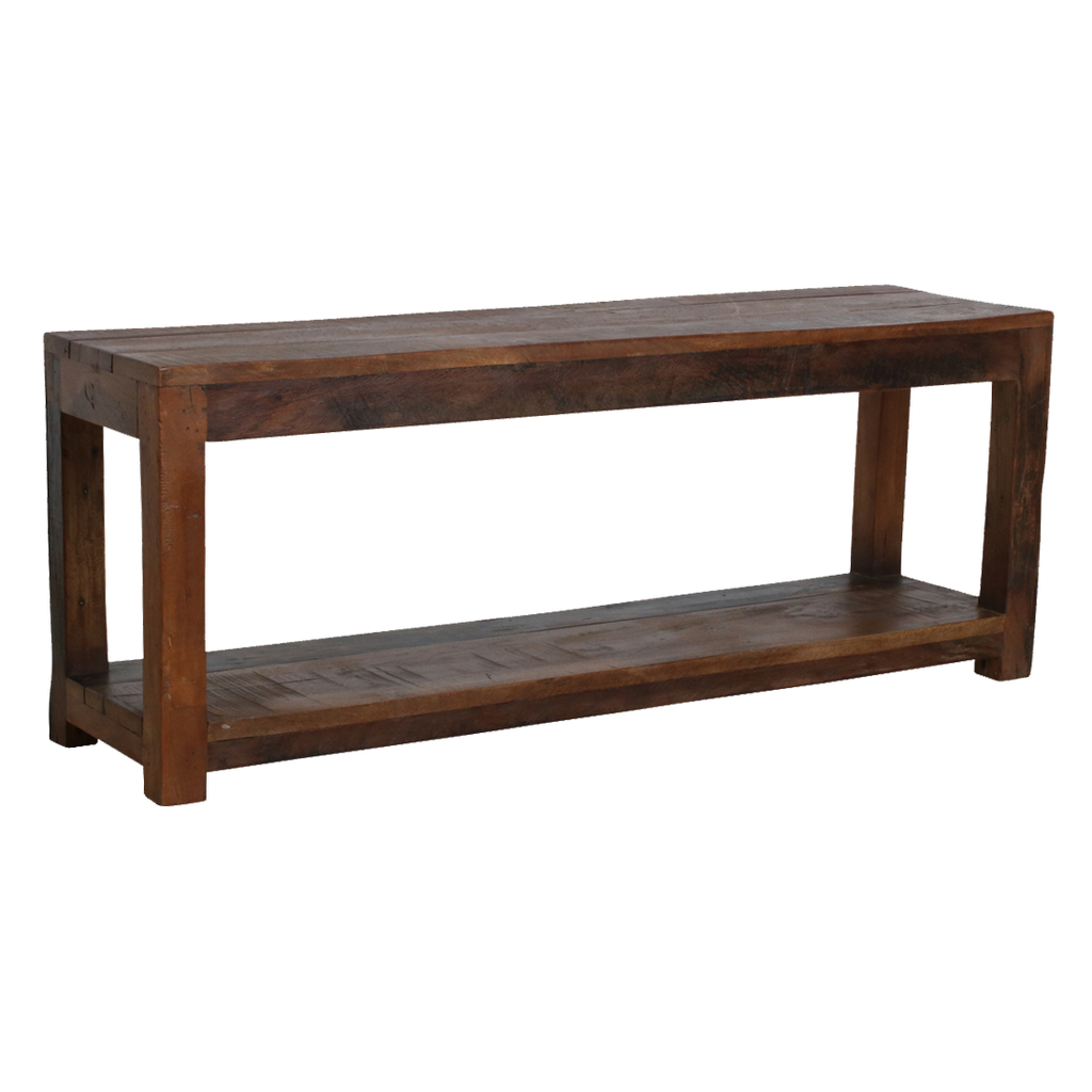 Sitzbank aus Recyclingholz in Braun mit zwei Ablagen – 116x30 cm