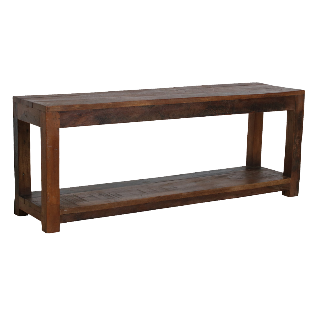 Sitzbank aus Recyclingholz in Braun mit zwei Ablagen – 116x30 cm