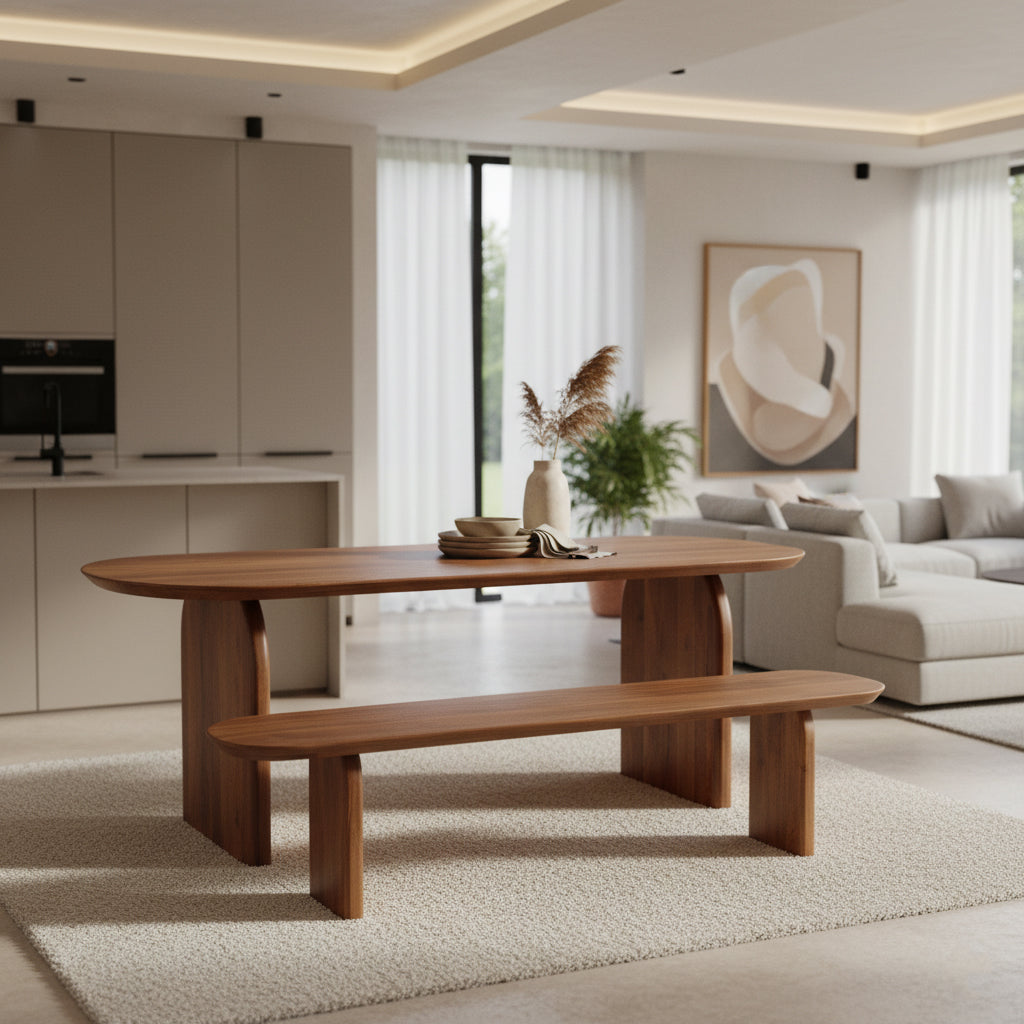 Sitzbank aus massivem Mangoholz in Braun, Kapselform – 200x35 cm