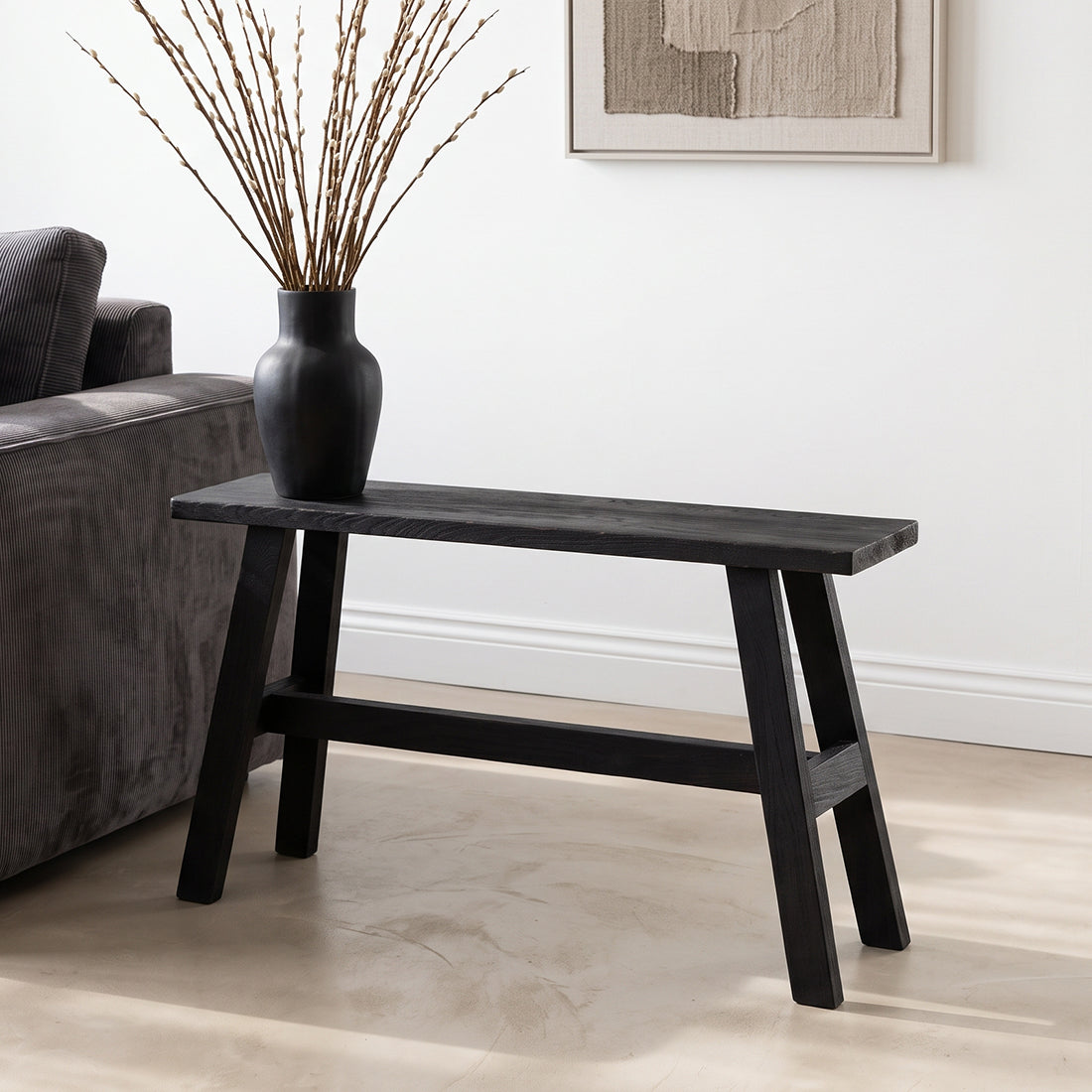 Sitzbank aus recyceltem Holz in Schwarz mit A-Beinen – 85x20 cm