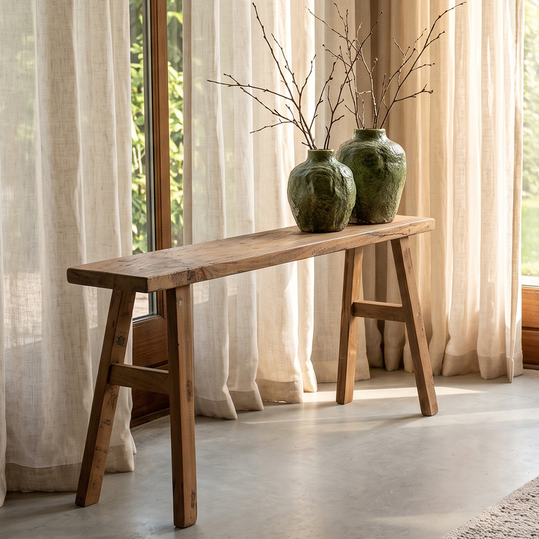 Bank aus recyceltem Teak Natur mit Bockbeinen – 80x17 cm