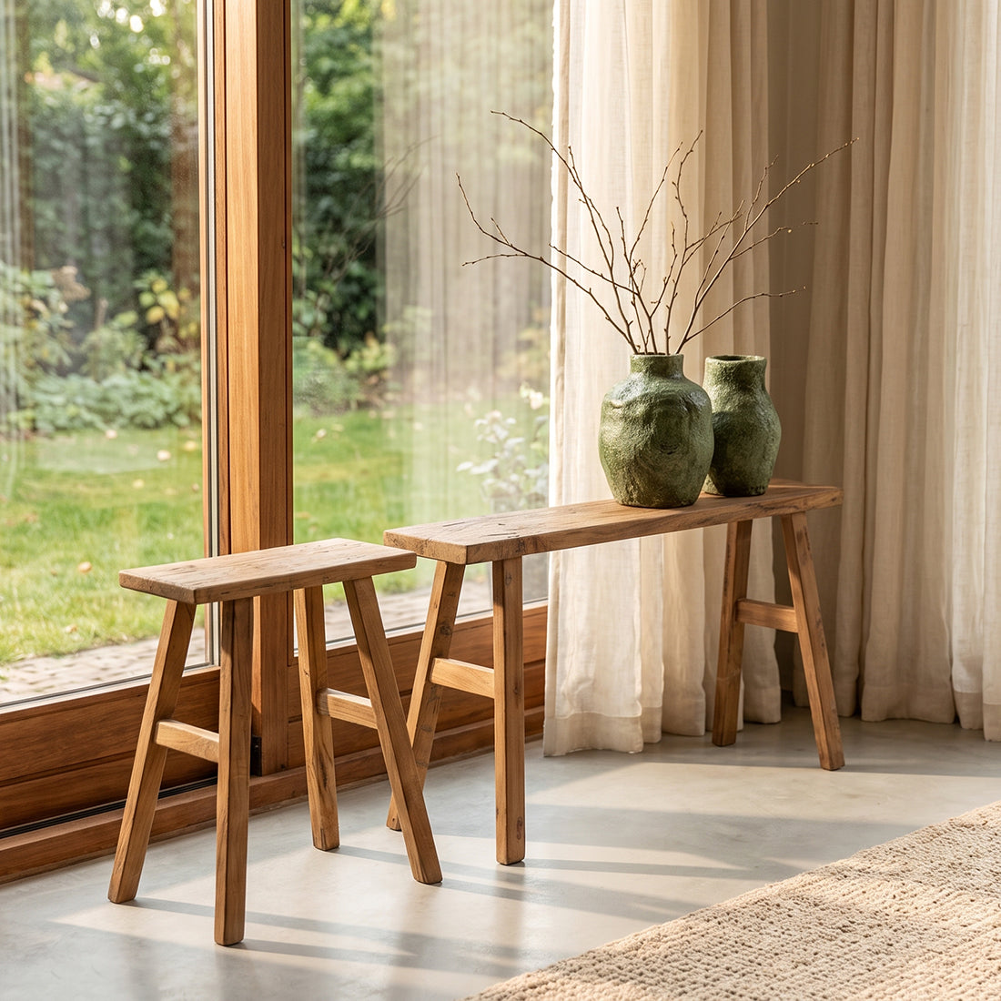 Bank aus recyceltem Teak Natur mit Bockbeinen – 80x17 cm