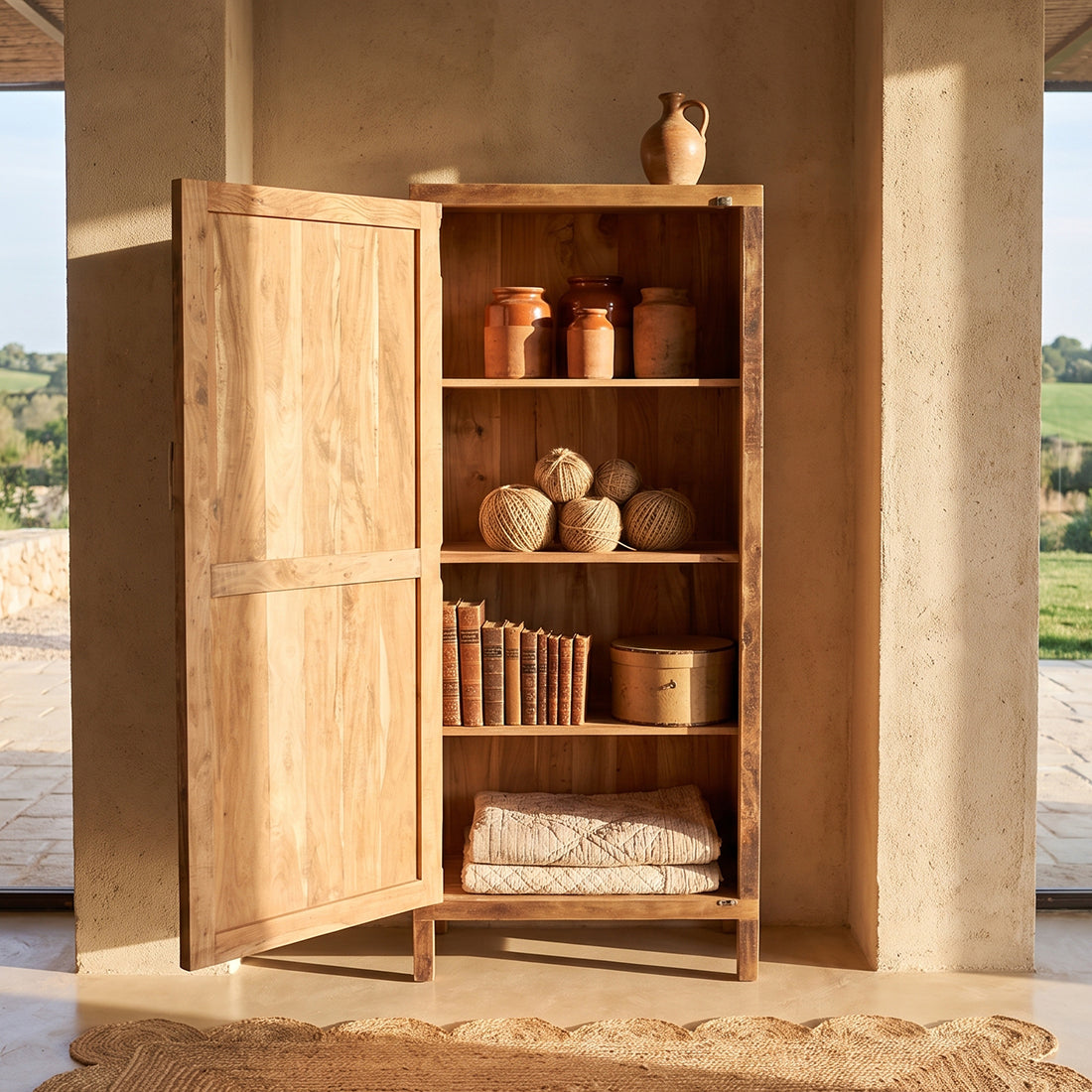 Hoher Schrank mit 1 Tür aus recyceltem Holz in Naturbraun – 80x40 cm