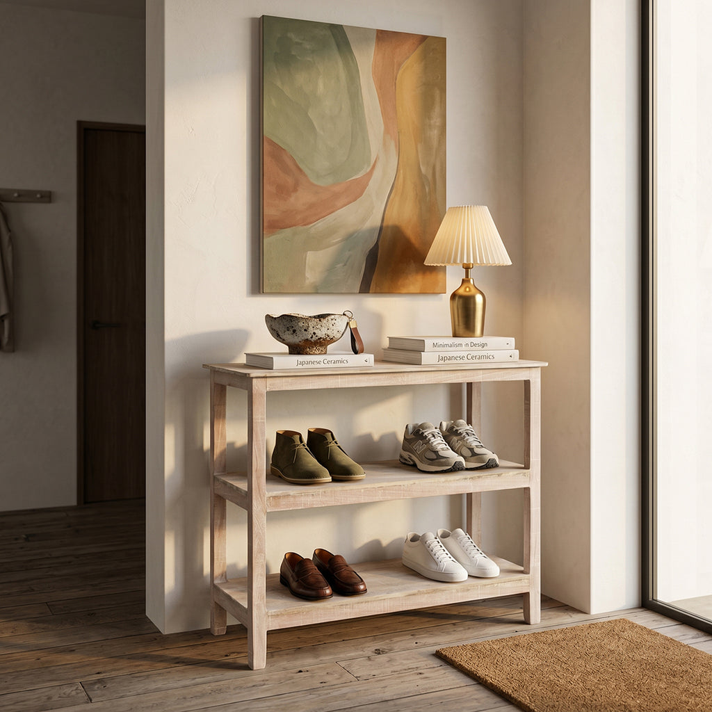 Schuhregal aus recyceltem Holz in Beige für den Flur – 90x35 cm