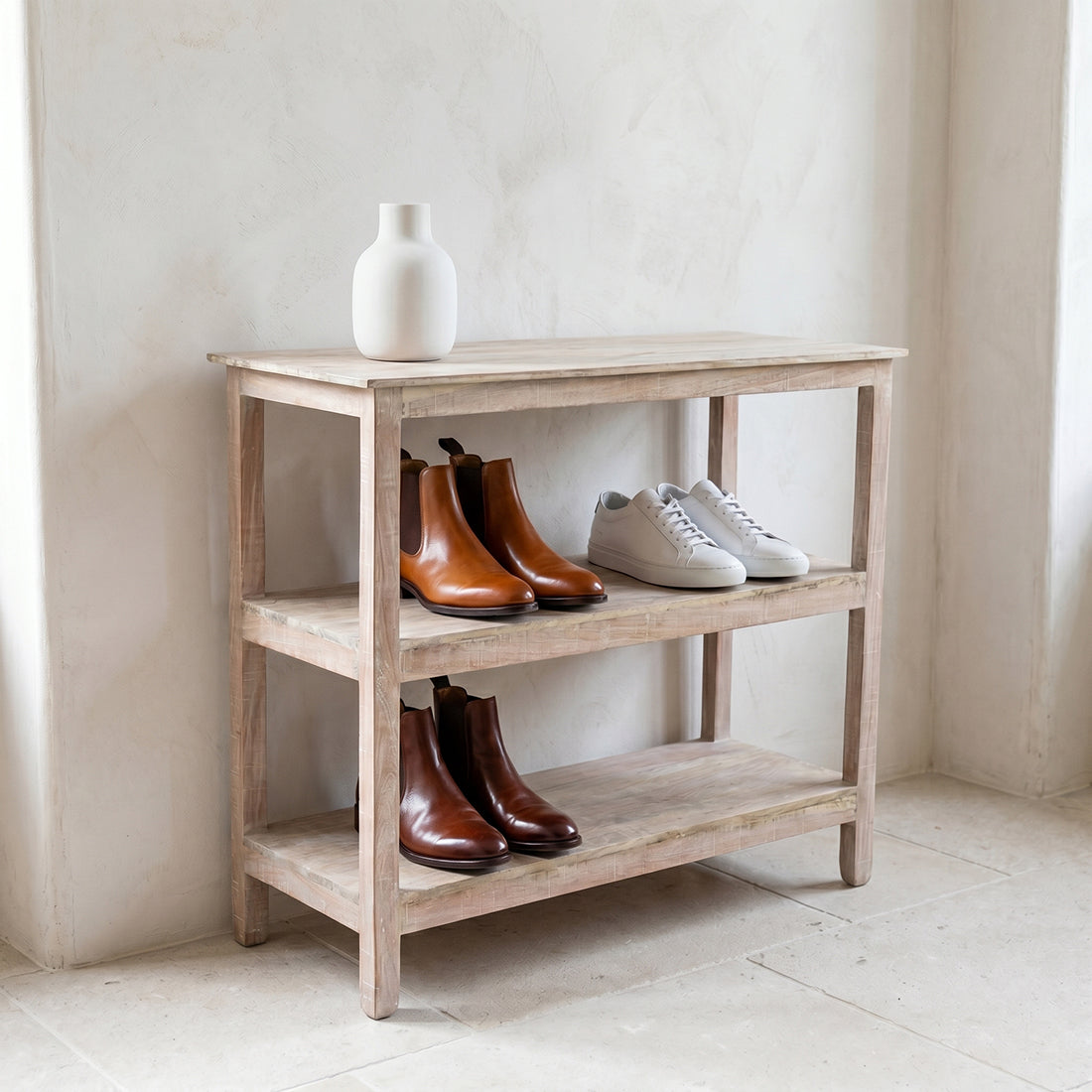 Schuhregal aus recyceltem Holz in Beige für den Flur – 90x35 cm