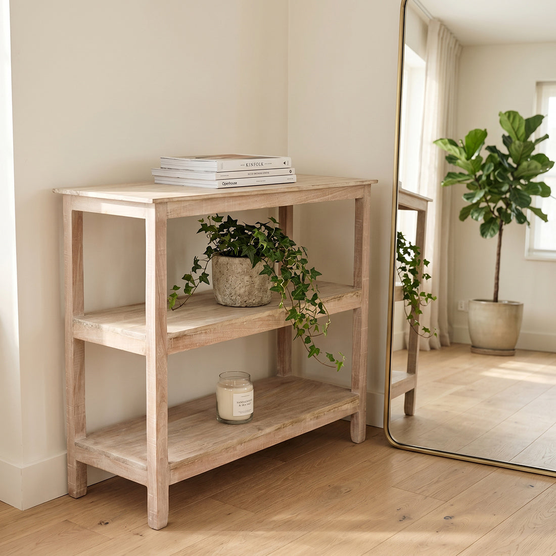 Schuhregal aus recyceltem Holz in Beige für den Flur – 90x35 cm