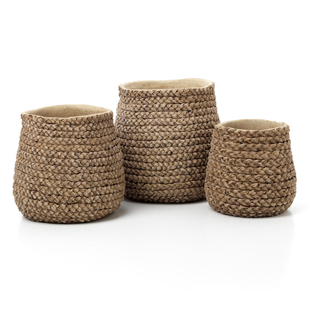 Übertopf aus Beton in Beige mit Flechtoptik – 26x25 cm