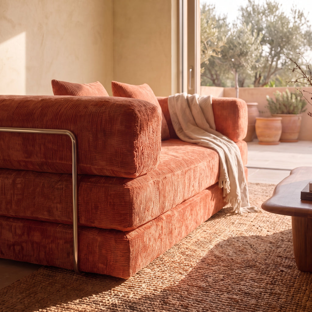 Canapé Compressé Convertible 3 places ATLAS - Tissu Chenille Corail Clair