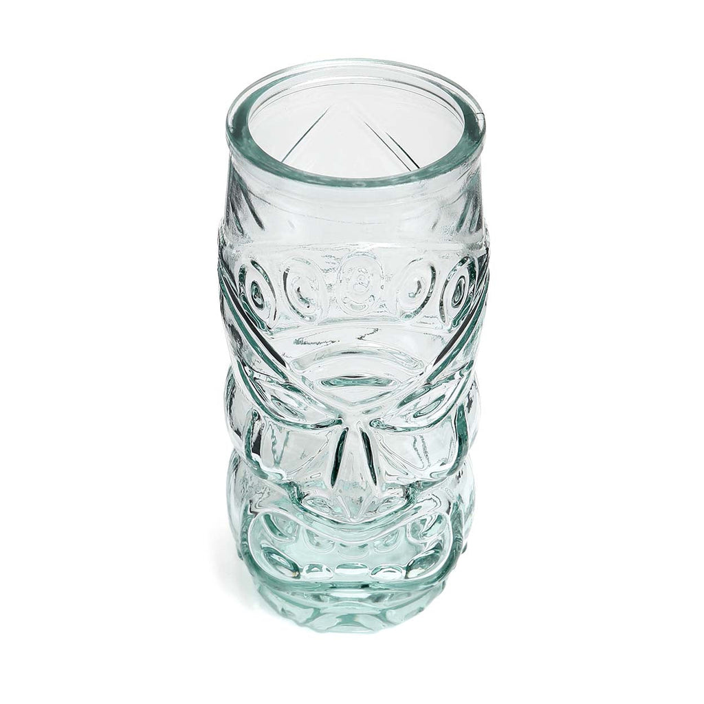 Geschnitztes Tiki-Glas aus blauem Recyclingglas transparent