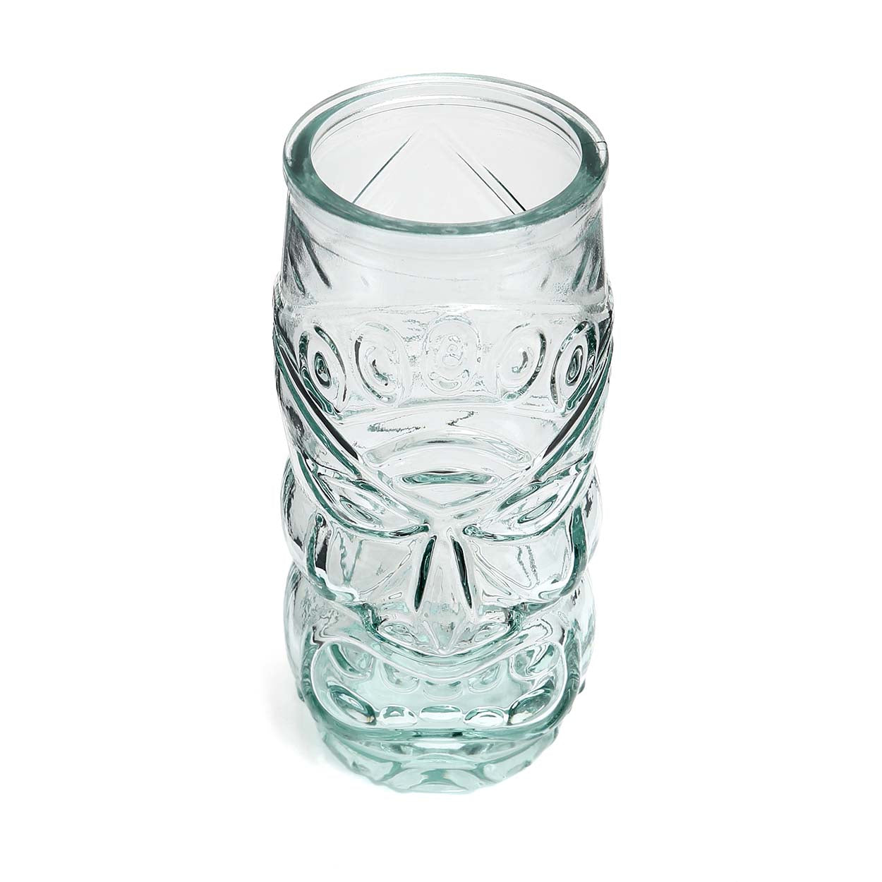 Geschnitztes Tiki-Glas aus blauem Recyclingglas transparent