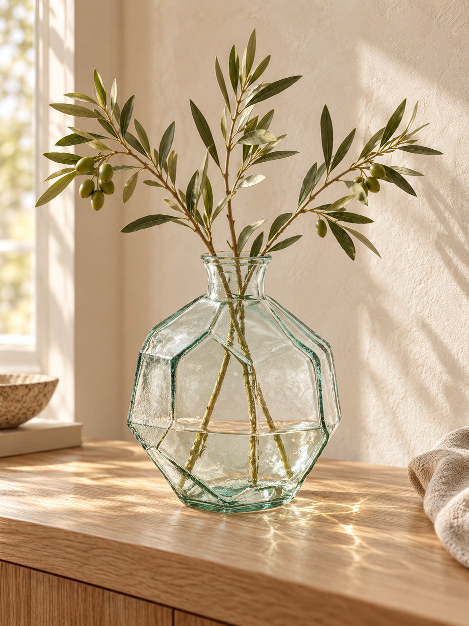 Glasvase transparent in geometrischer Form, Blau – H18 cm