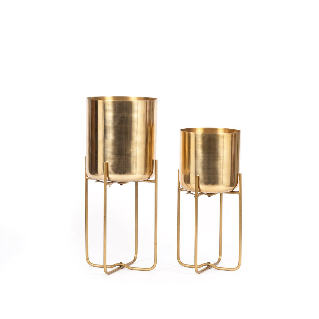 Zylindrischer Übertopf aus goldenem Messing mit klappbarem Ständer – H42 cm