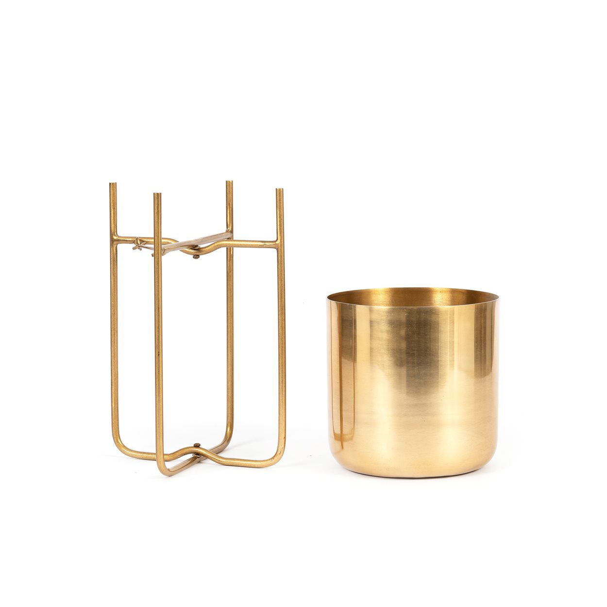 Zylindrischer Übertopf aus goldenem Messing mit klappbarem Ständer – H42 cm