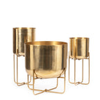 Zylindrischer Übertopf aus goldenem Messing mit klappbarem Ständer – H42 cm