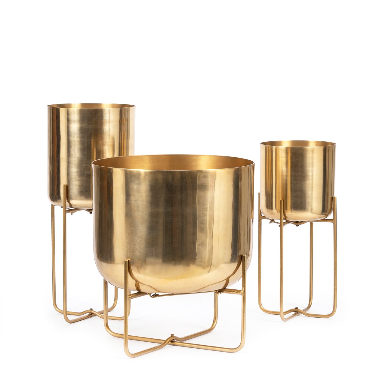 Zylindrischer Übertopf aus goldenem Messing mit klappbarem Ständer – H42 cm