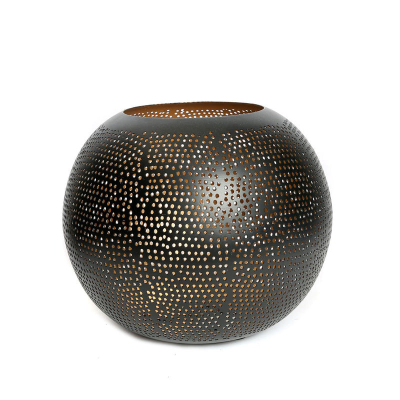 Windlicht aus Messing in Schwarz und Gold, durchbrochene Kugelform