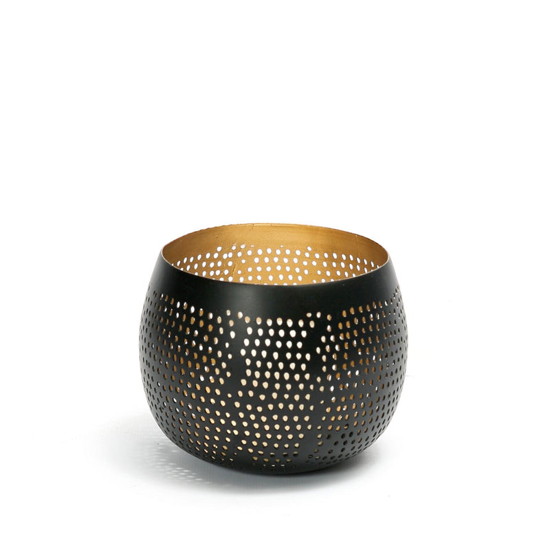 Windlicht aus Metall in Schwarz und Gold, durchbrochene Kugel