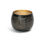 Windlicht aus Metall in Schwarz und Gold, durchbrochene Kugel