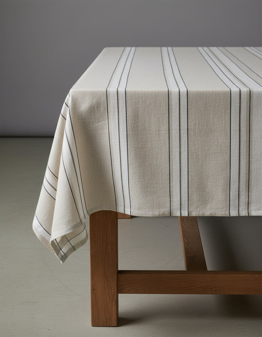 Rechteckige Tischdecke aus gestreiftem Naturleinen in Schwarz-Weiß – 150 x 250 cm
