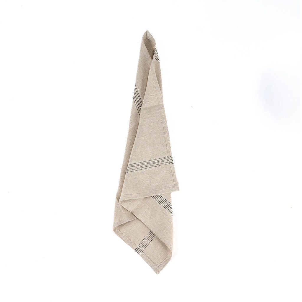Stoffserviette aus Naturleinen, gestreift in Schwarz und Beige