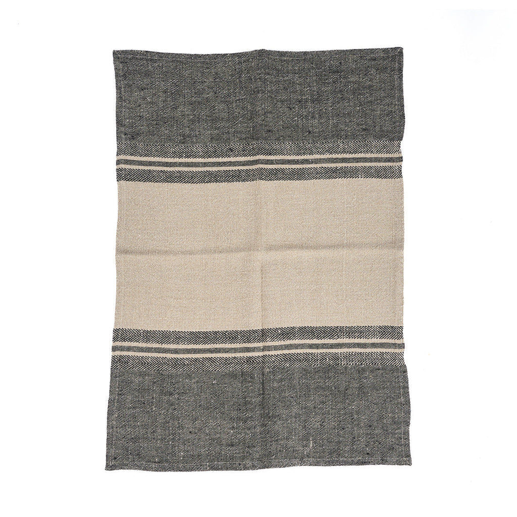 Geschirrtuch aus Naturleinen, gestreift in Beige und Anthrazit