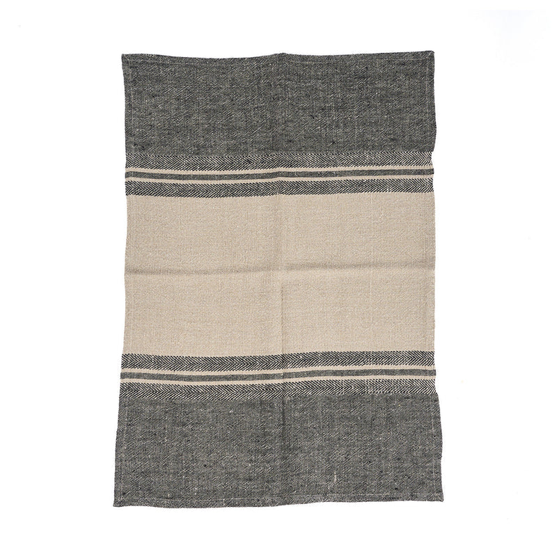 Geschirrtuch aus Naturleinen, gestreift in Beige und Anthrazit