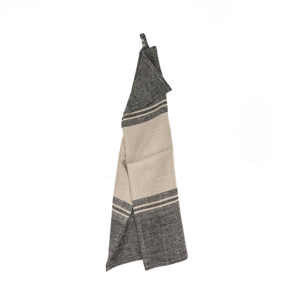 Geschirrtuch aus Naturleinen, gestreift in Beige und Anthrazit