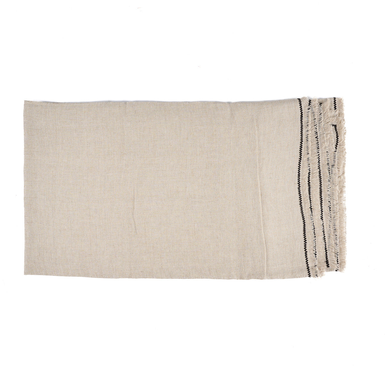 Nappe rectangulaire en lin écru bord noir frangé – 150x300 cm